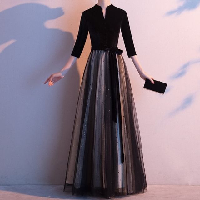 Evening Sheer Plain 3/4-Sleeve Gown V-Neck Panel A-Line