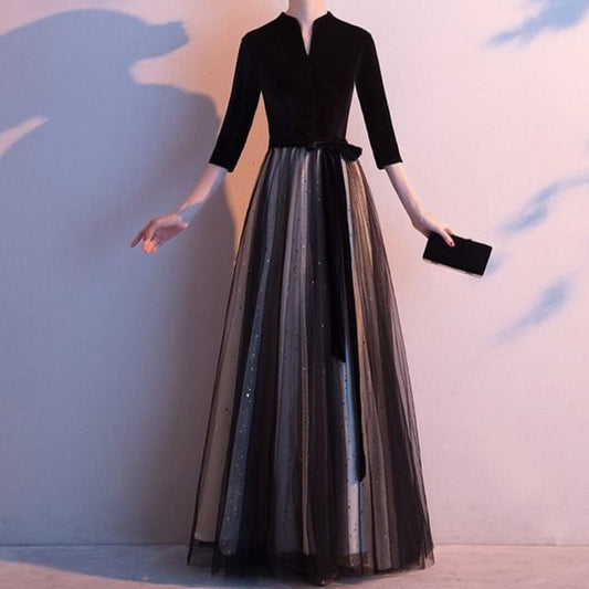 Evening Sheer Plain 3/4-Sleeve Gown V-Neck Panel A-Line