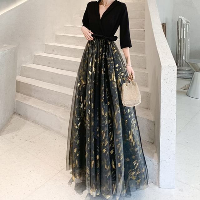 Floral Gown Sheer 3/4-Sleeve Panel V-Neck Evening