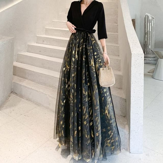 Floral Gown Sheer 3/4-Sleeve Panel V-Neck Evening