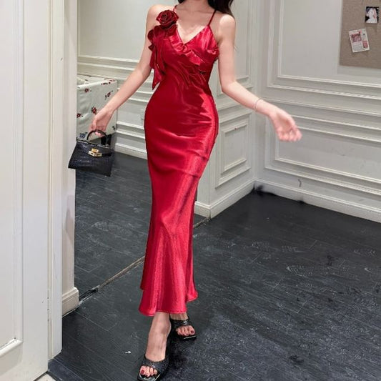 V-Neck Strap Spaghetti Mermaid Trim Gown Frill Evening