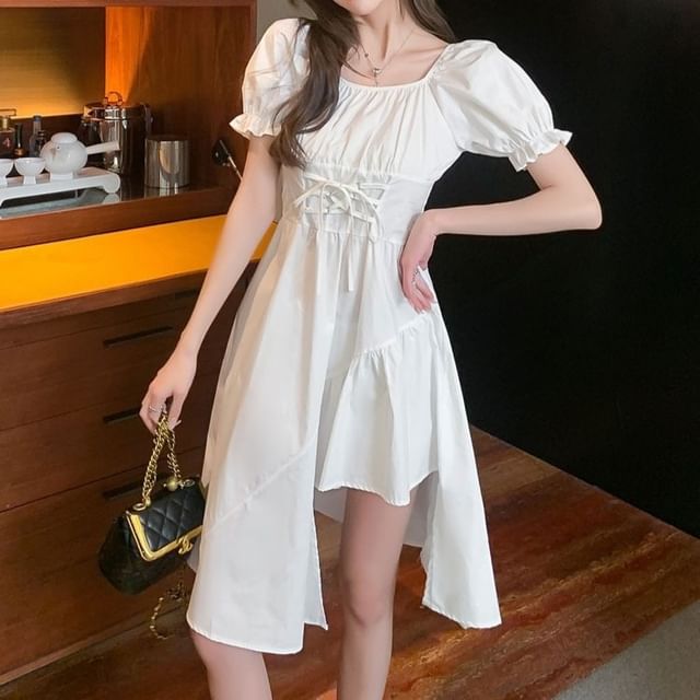 Neck A-Line Plain Dress Square Asymmetrical Short-Sleeve