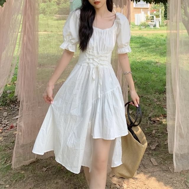 Neck A-Line Plain Dress Square Asymmetrical Short-Sleeve