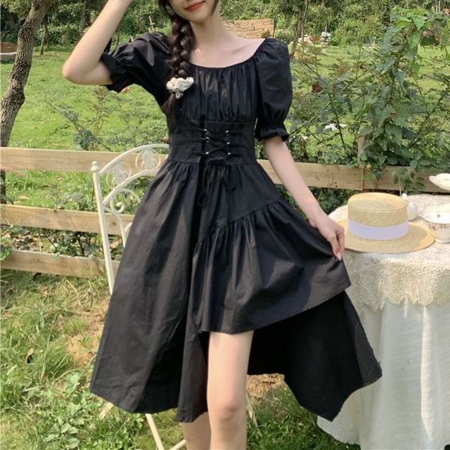 Neck A-Line Plain Dress Square Asymmetrical Short-Sleeve