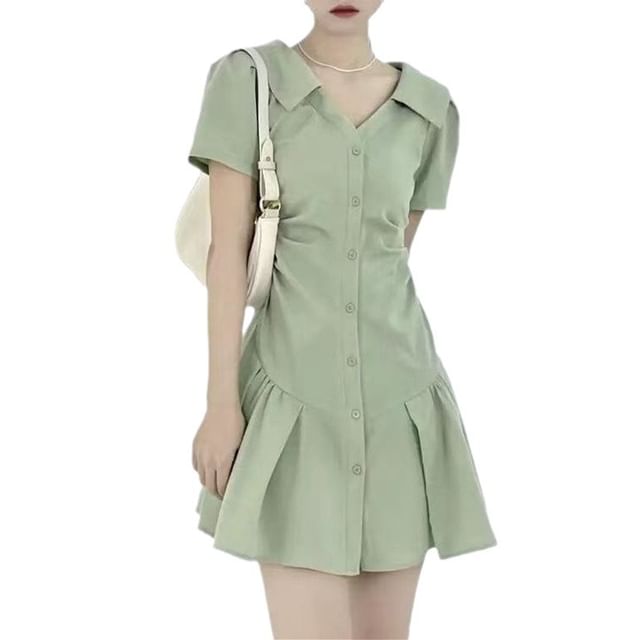 Plain Mini A-Line V-Neck Dress Short-Sleeve Button-Up