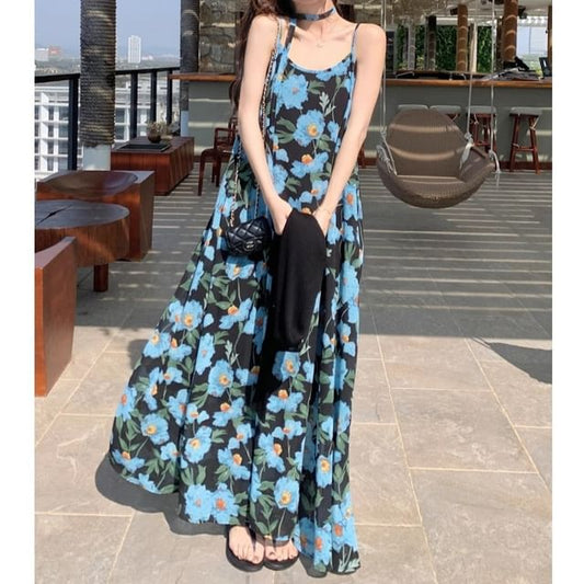 Floral Neck Maxi Dress Strap Spaghetti Scoop A-Line Print