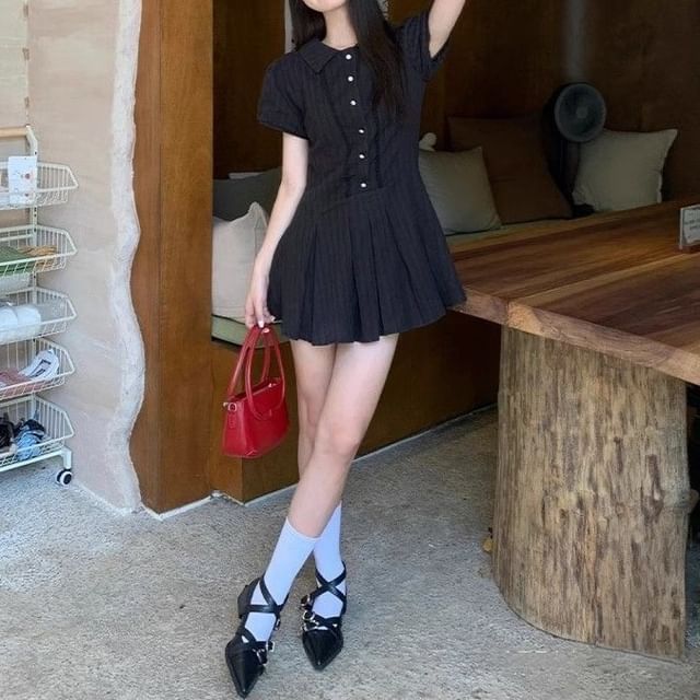 Dress Shirt Plain Short-Sleeve Pleated Mini