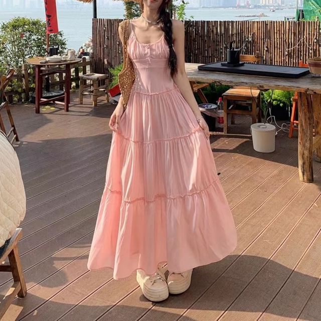 Maxi Neck Scoop Dress Strap A-Line Spaghetti Plain