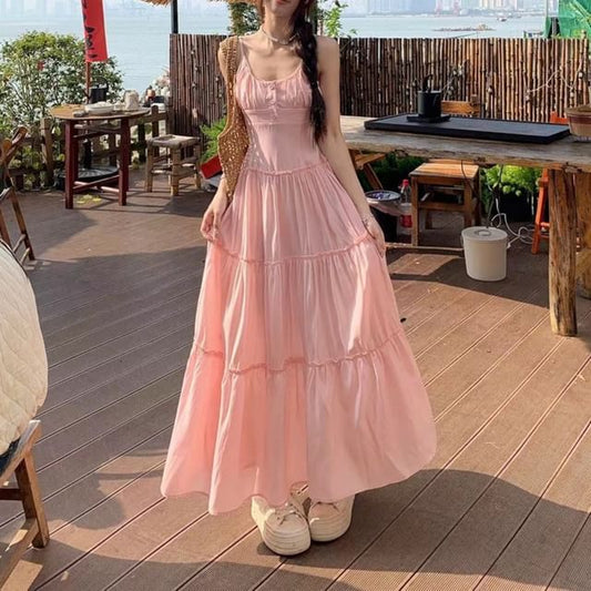 Maxi Neck Scoop Dress Strap A-Line Spaghetti Plain