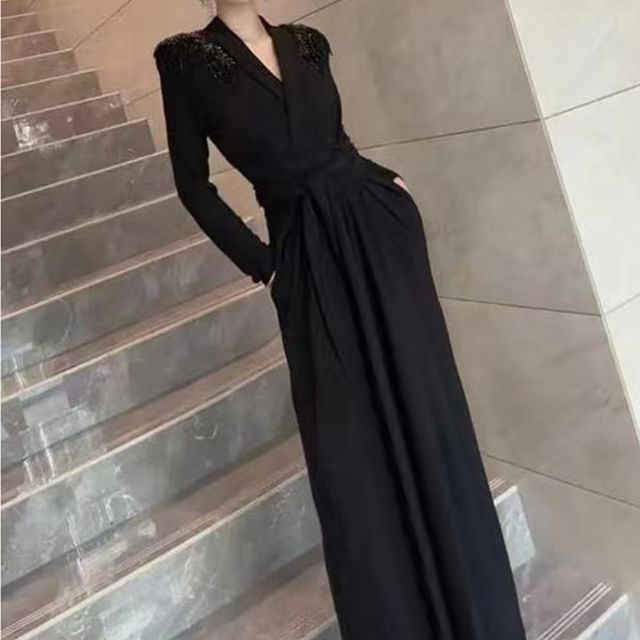 Long-Sleeve V-Neck Embellished Tie Waist Satin A-Line Evening Dress