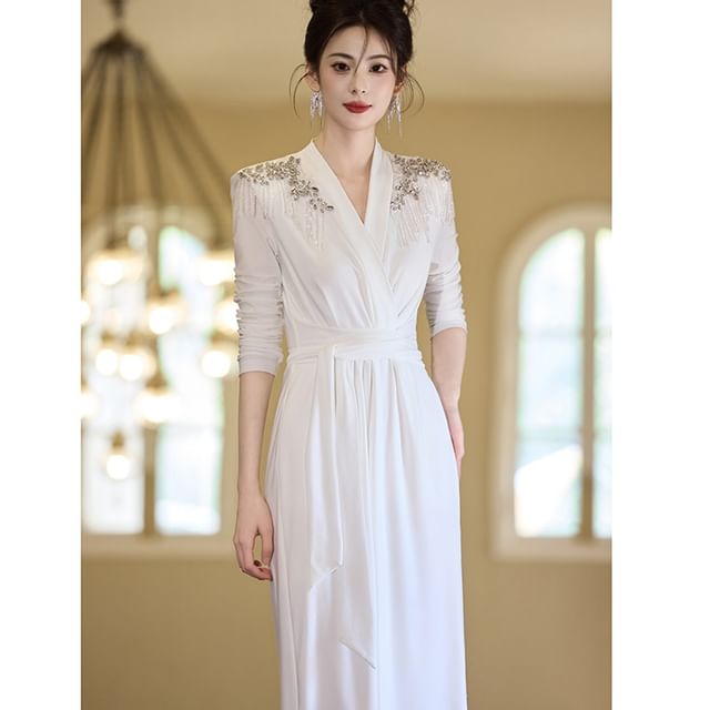 Long-Sleeve V-Neck Embellished Tie Waist Satin A-Line Evening Dress