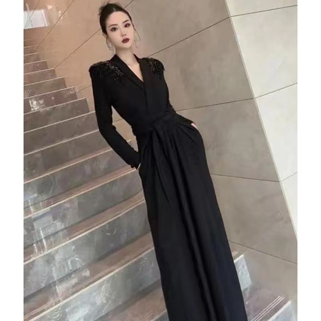 Long-Sleeve V-Neck Embellished Tie Waist Satin A-Line Evening Dress