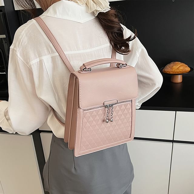 Leather Backpack Plain Flap Faux