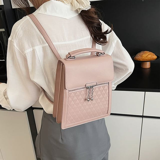 Leather Backpack Plain Flap Faux