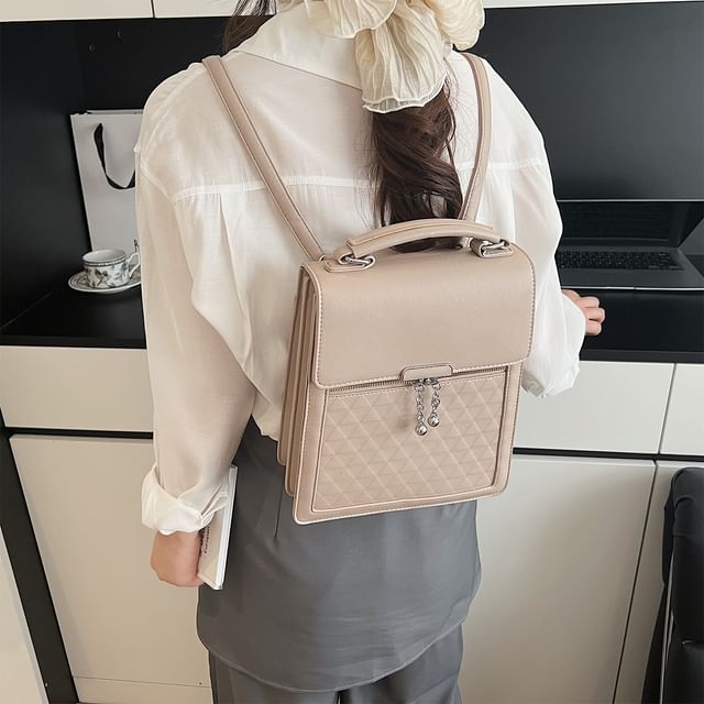 Leather Backpack Plain Flap Faux