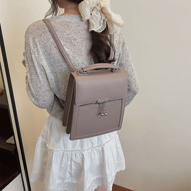 Leather Backpack Plain Flap Faux