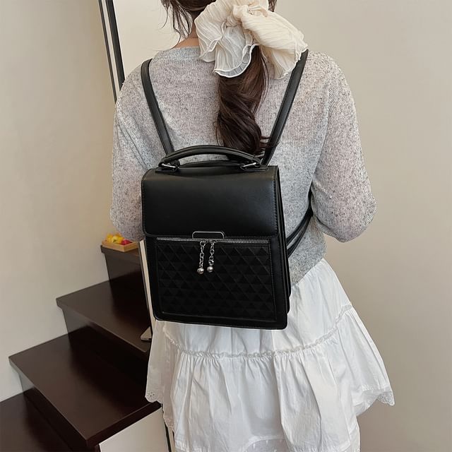 Leather Backpack Plain Flap Faux