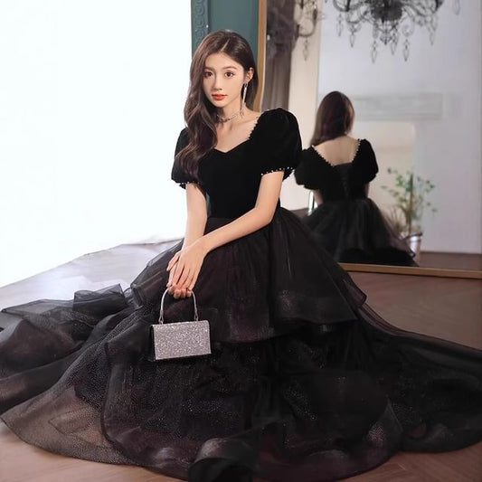 Plain Gown Tiered Mesh A-Line Short-Sleeve Panel Evening