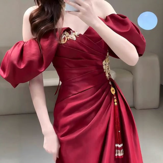 Tassel A-Line Ruched Evening Gown Puff-Sleeve Off-Shoulder