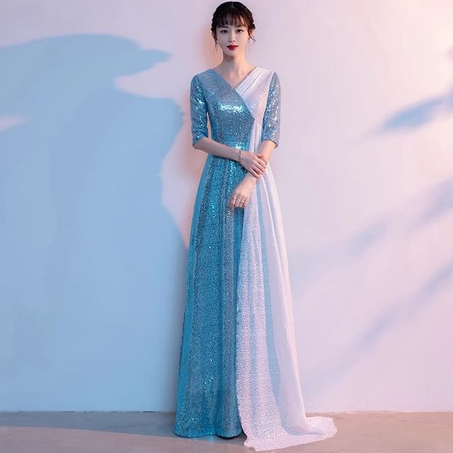Two Evening V-Neck Gown Slit Sequin Elbow-Sleeve A-Line Tone