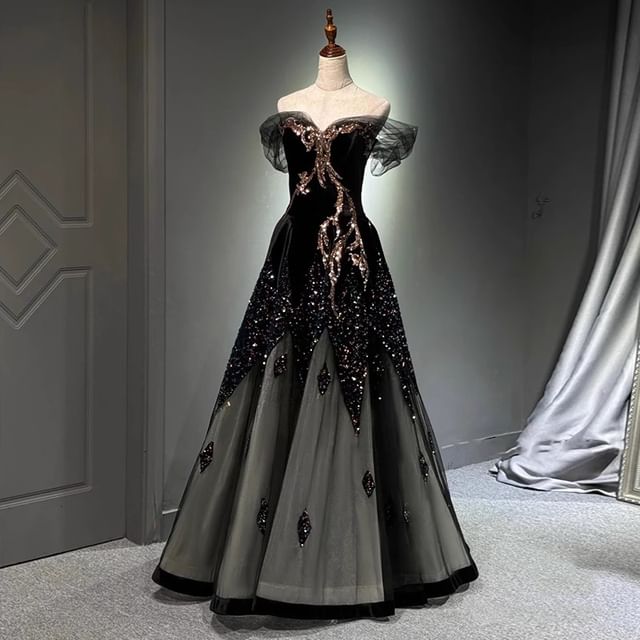 Panel Mesh Sequin Off-Shoulder Gown Evening A-Line