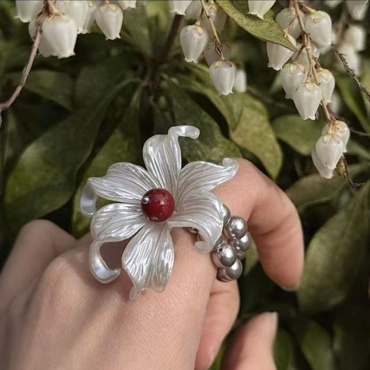 Alloy Floral Elastic Ring Faux Pearl
