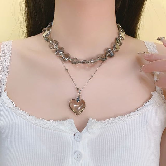 Faux Choker Pendant Station Heart Crystal