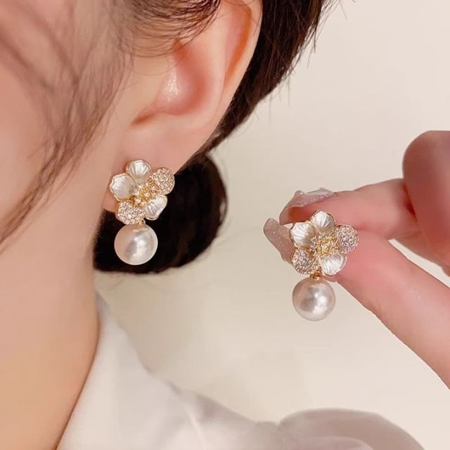 Flower Drop Earring Faux CZ Pearl