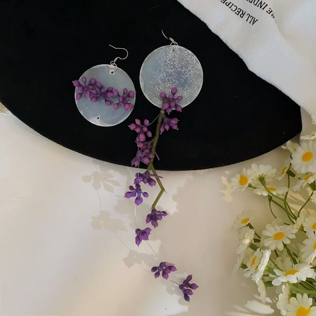 Drop Earring Asymmetrical Flower Disc Statement