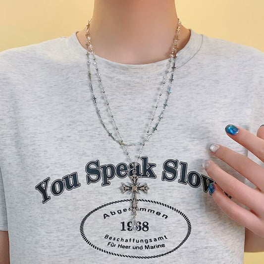 Pendant Bead Necklace CZ Cross Layered