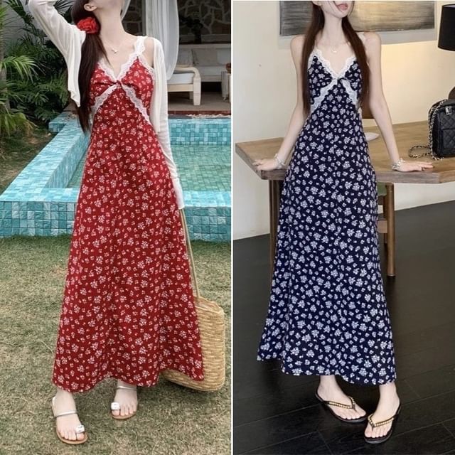 Cardigan Floral Maxi Dress Sleeveless / V-Neck A-Line Print
