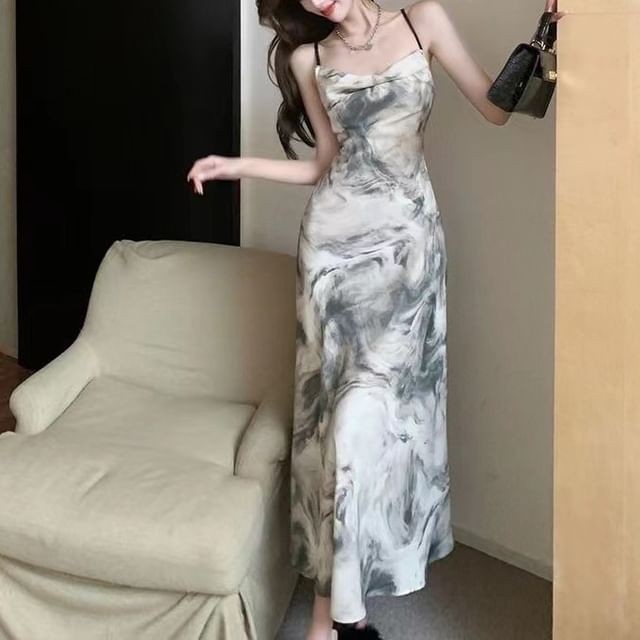 Print Spaghetti Strap A-Line Maxi Dress
