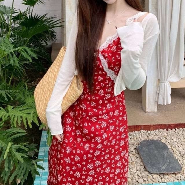 Cardigan Floral Maxi Dress Sleeveless / V-Neck A-Line Print