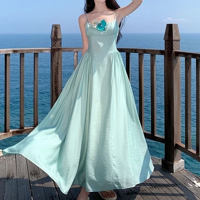 Floral Accent Strap Maxi Spaghetti Dress A-Line