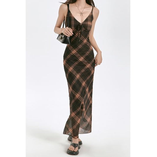 V-Neck Dress Strap Spaghetti Plaid Sheath Maxi