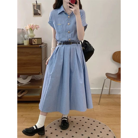 Maxi A-Line Short-Sleeve Shirt Dress Striped