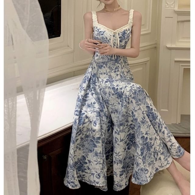 A-Line Sleeveless V-Neck Floral Dress Maxi Print