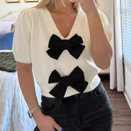 Crop Tone Top Knit V-Neck Puff-Sleeve Accent Bow Two