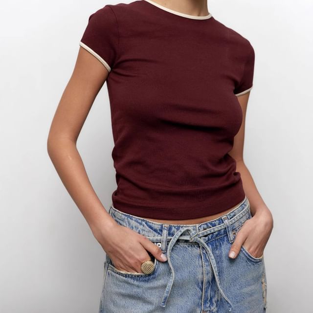 Contrast Neck Crop Trim Crew Slim Tee Fit Short-Sleeve