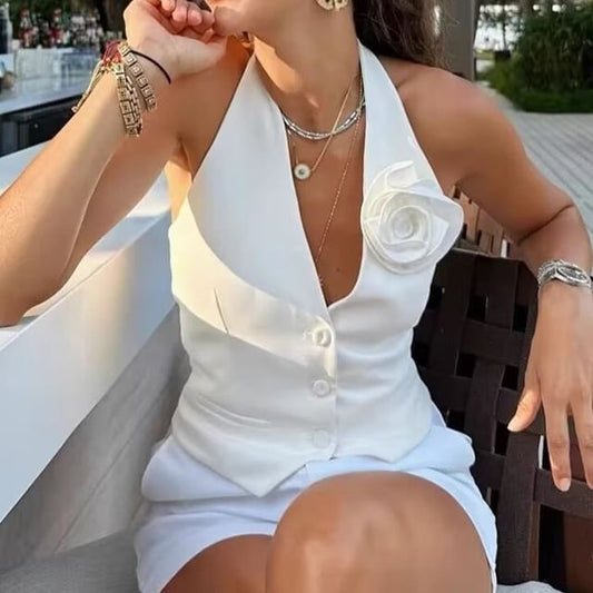Vest Accent Halter Plain Crop Flower Back V-Neck Open Single-Breasted