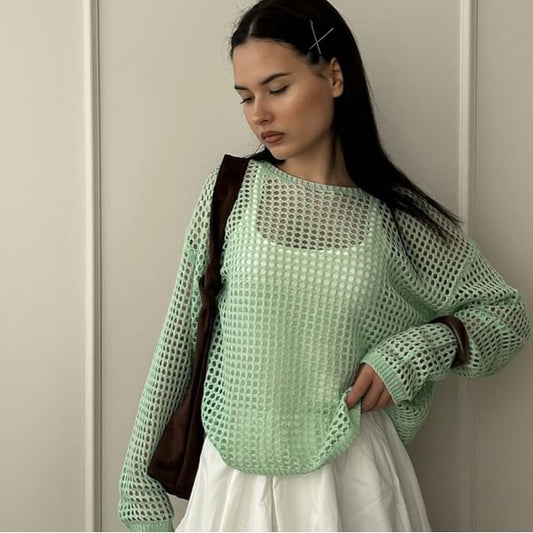 Round Perforated Knit Plain Neck Top Long-Sleeve