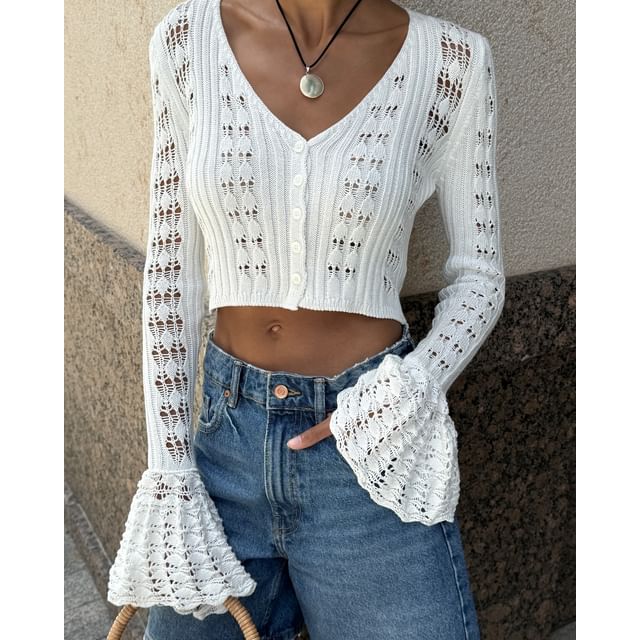 V-Neck Crop Cardigan Plain Perforated Flared-Cuff Button-Up
