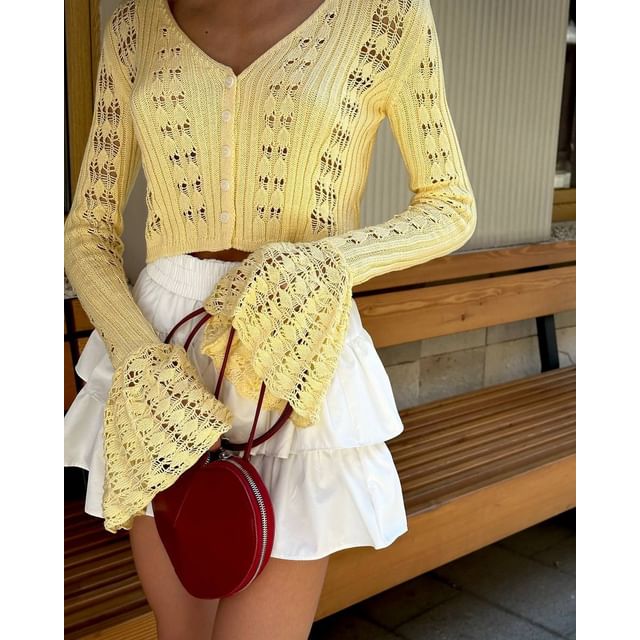 V-Neck Crop Cardigan Plain Perforated Flared-Cuff Button-Up