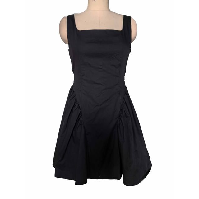 Waist Tie Square Plain A-Line Dress Sleeveless Open Back Mini Neck