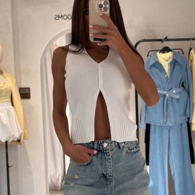 Crop Button-Up Plain V-Neck Slit Vest Sweater