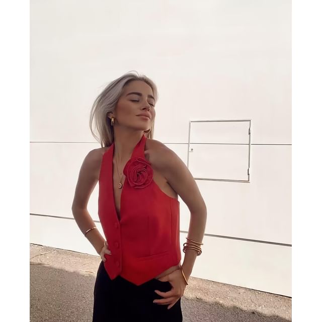 Vest Accent Halter Plain Crop Flower Back V-Neck Open Single-Breasted