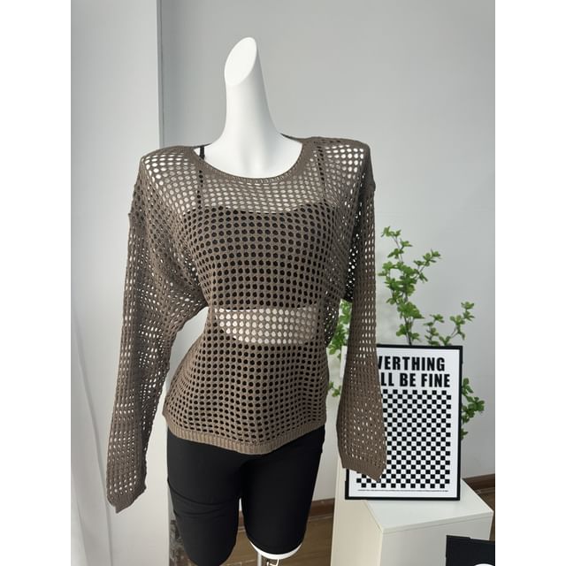 Round Perforated Knit Plain Neck Top Long-Sleeve