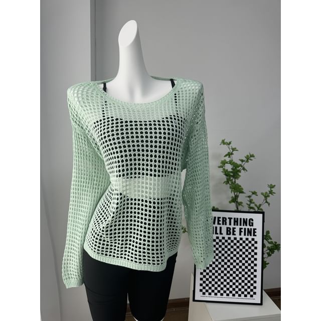 Round Perforated Knit Plain Neck Top Long-Sleeve