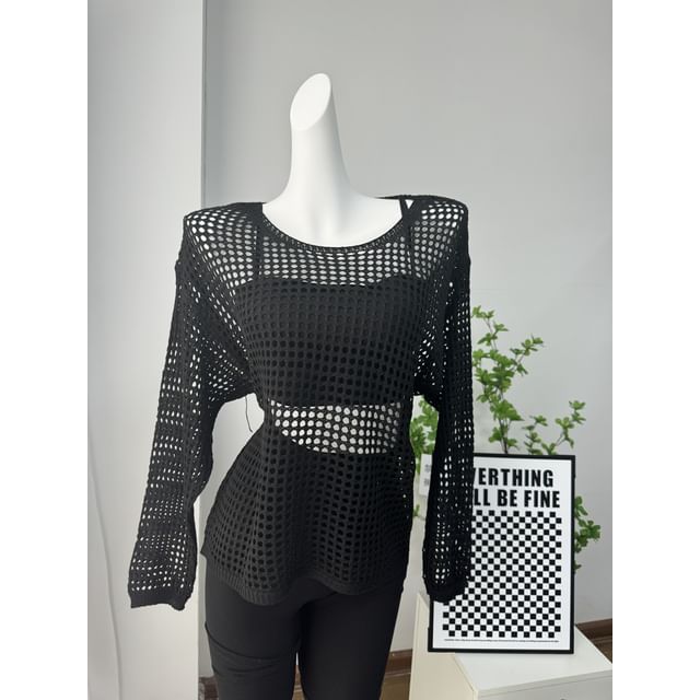 Round Perforated Knit Plain Neck Top Long-Sleeve