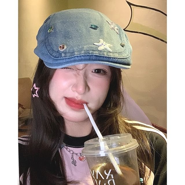 Denim Flat Embellished Cap